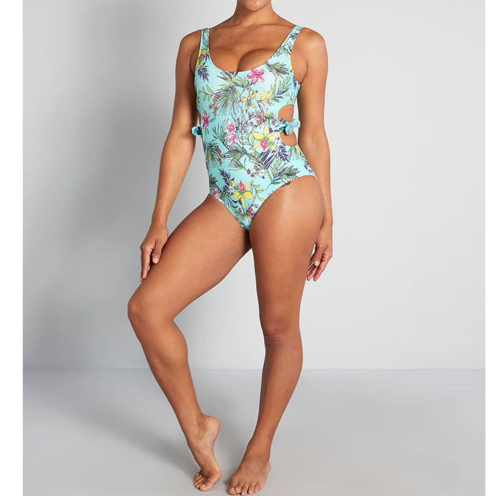 ModCloth One Piece Swimsuit Large Stevie Mint Floral Cutout Tropical - Picture 11 of 11